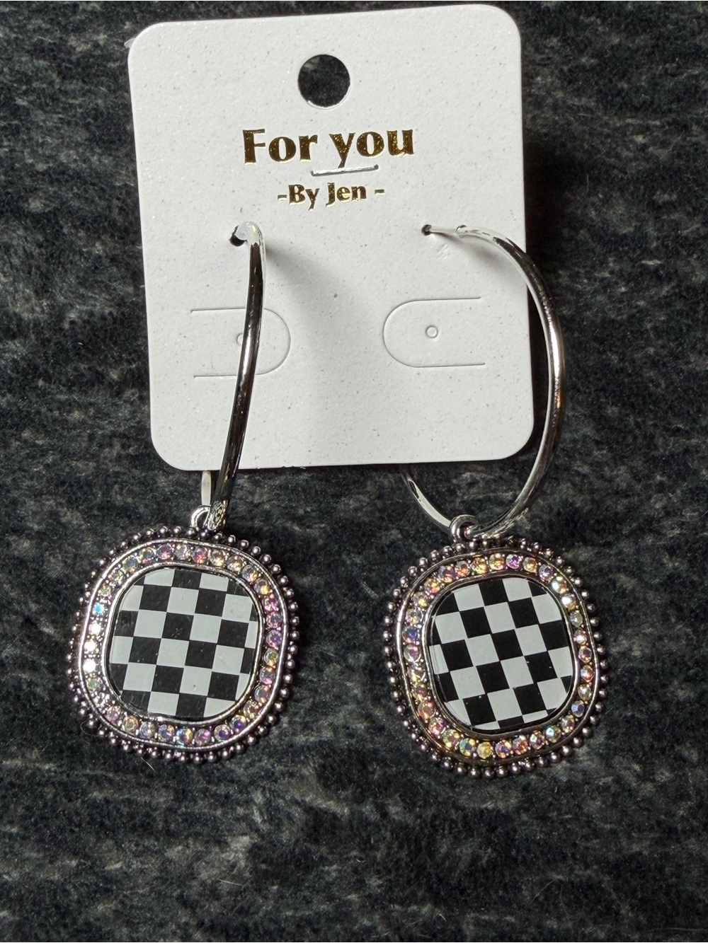 NWT Checkerboard Rhinestone Hoop Earrings Silver Tone Statement Boho Chic